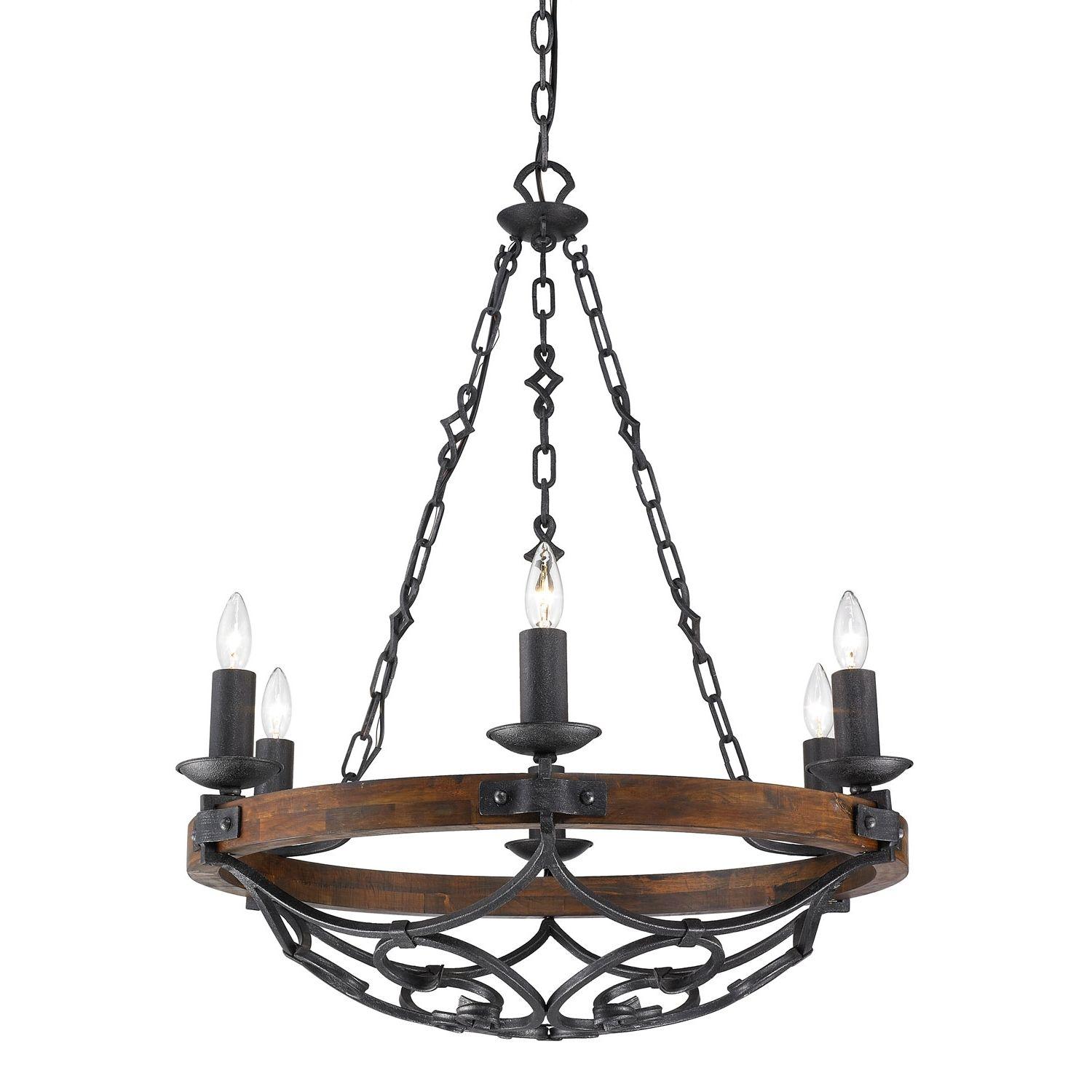 Rustic chandelier featuring wood and wrought iron photographed on a clean white studio background.