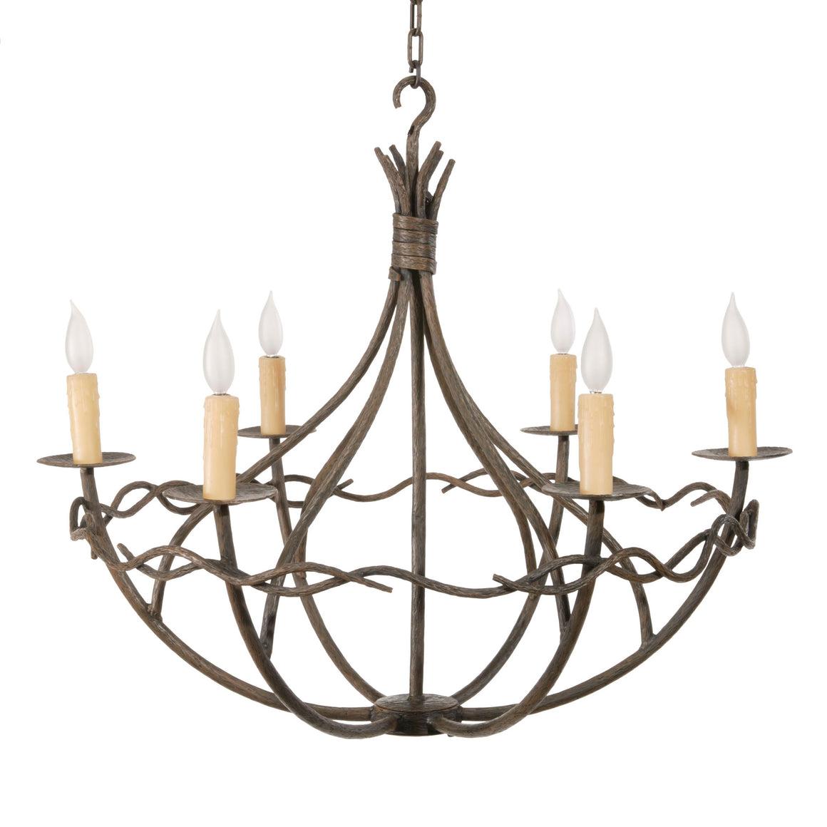 Rustic chandelier featuring wood and wrought iron photographed on a clean white studio background.