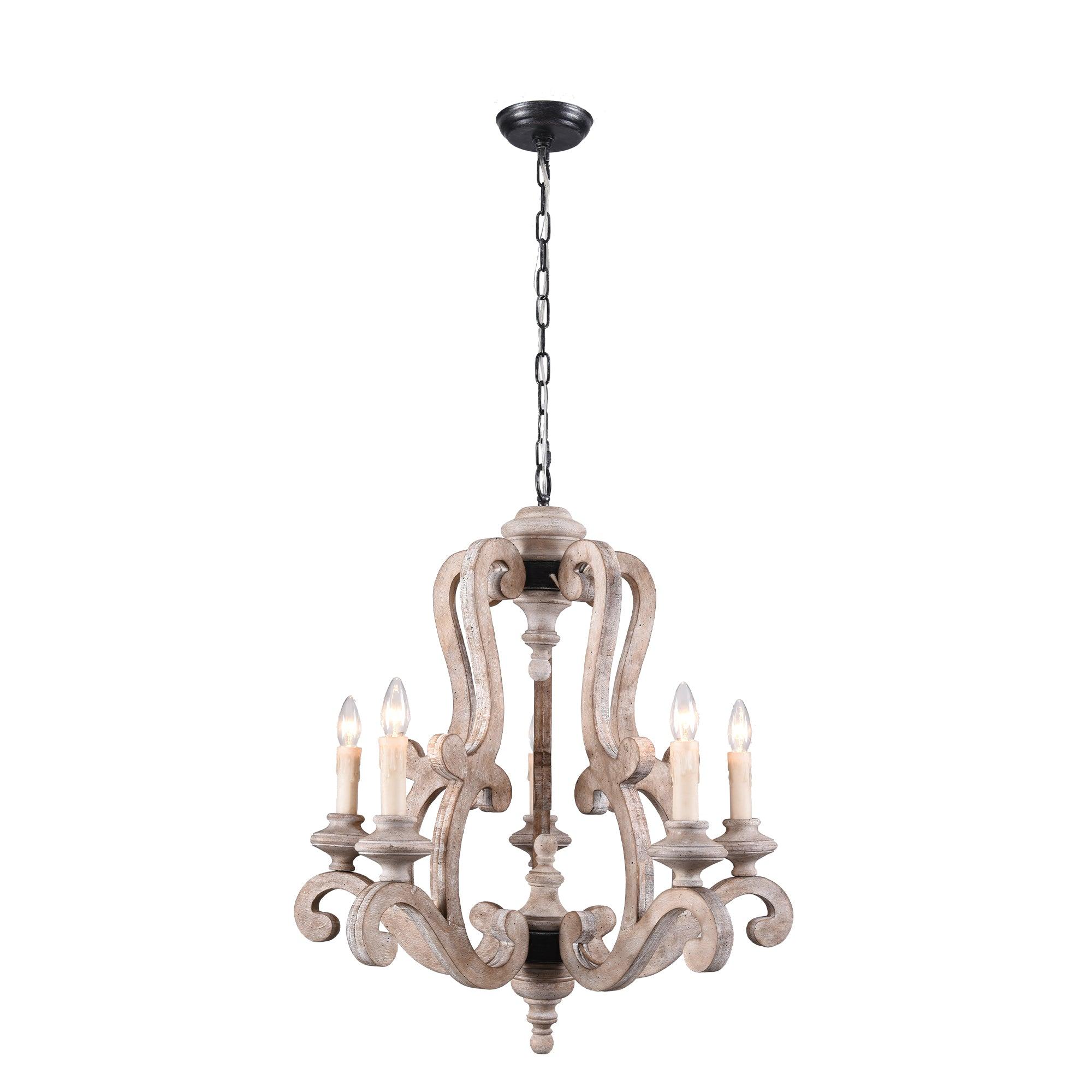 Rustic chandelier featuring wood and wrought iron photographed on a clean white studio background.
