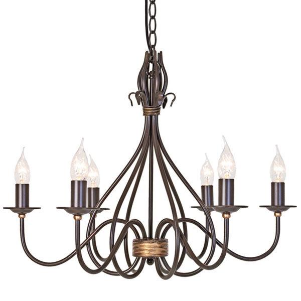 Rustic chandelier featuring wood and wrought iron photographed on a clean white studio background.