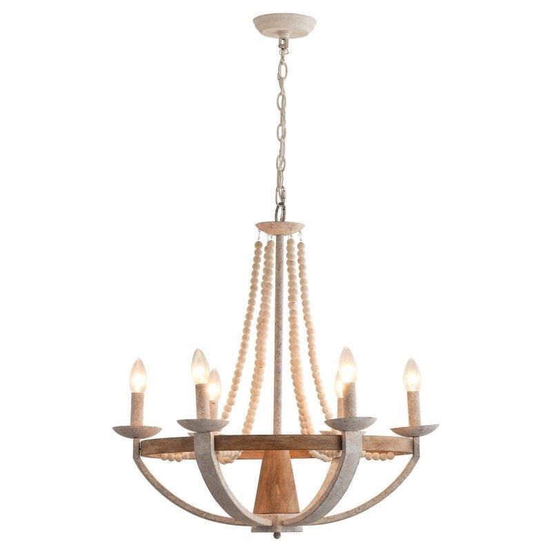 Rustic chandelier featuring wood and wrought iron photographed on a clean white studio background.