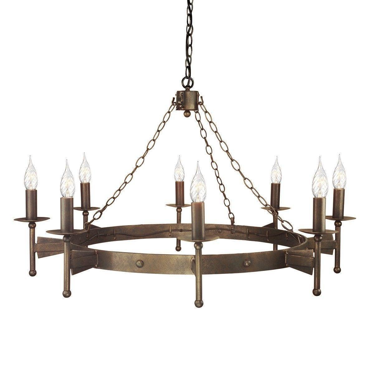 Rustic chandelier featuring wood and wrought iron photographed on a clean white studio background.