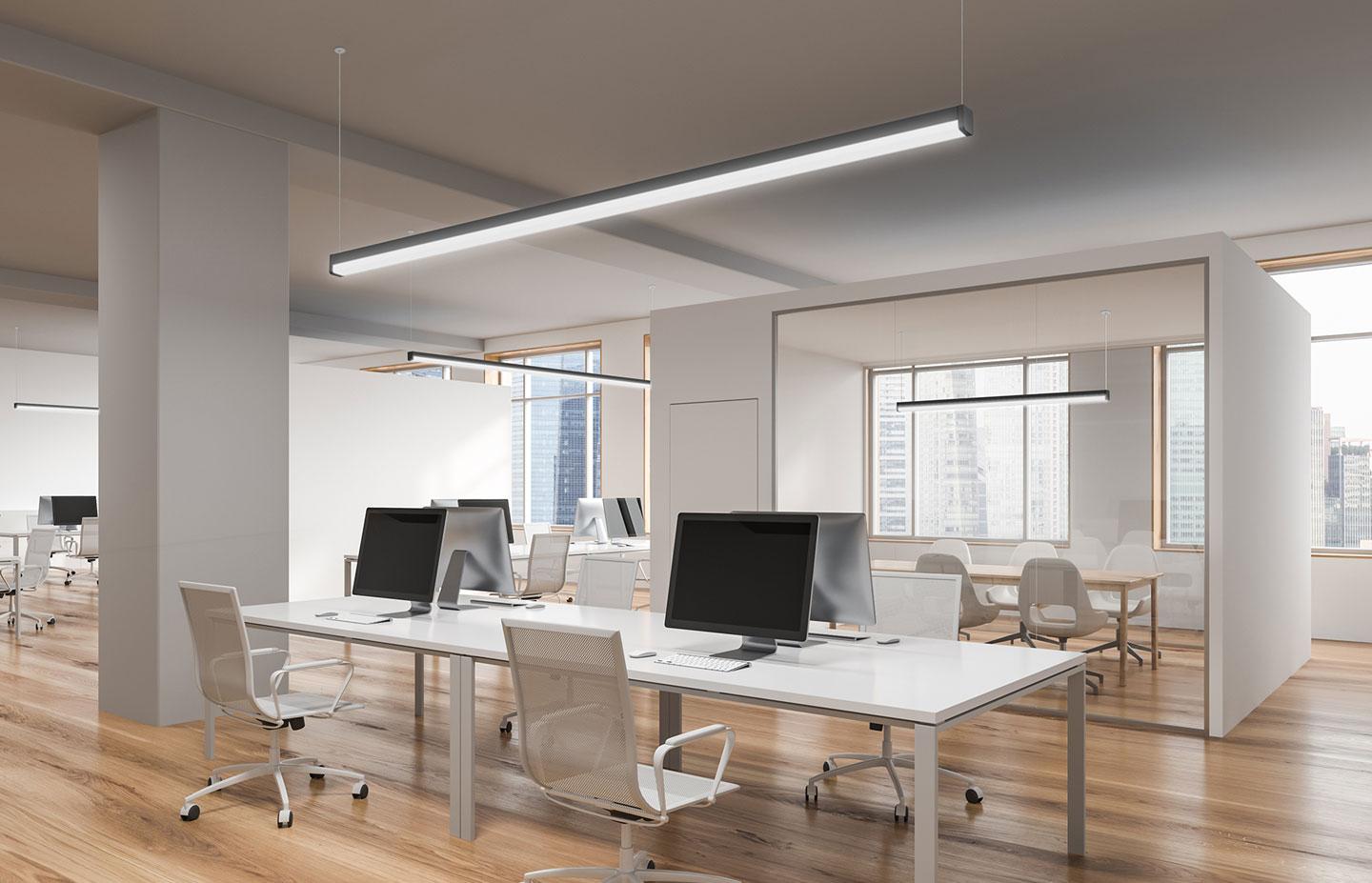 Human centric suspended linear lights installed in a contemporary office environment.