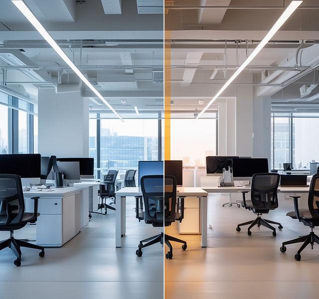 Human centric suspended linear lights installed in a contemporary office environment.