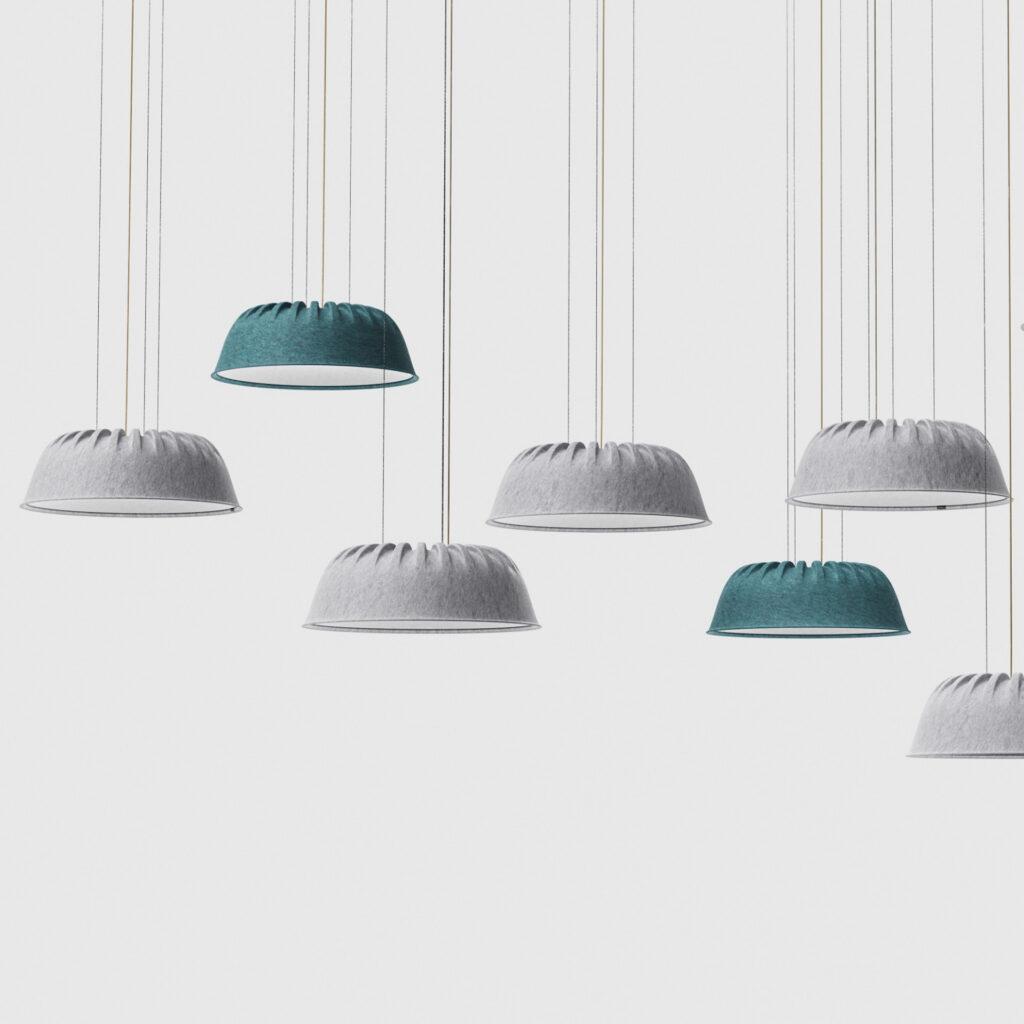 Acoustic pendant lighting family featuring multiple acoustic panel configurations.