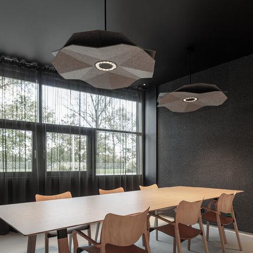 Acoustic pendant lighting installed in a modern office workspace.