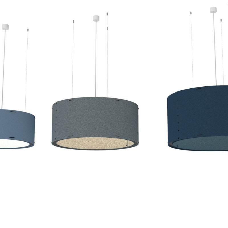 Acoustic pendant lighting family featuring multiple acoustic panel configurations.