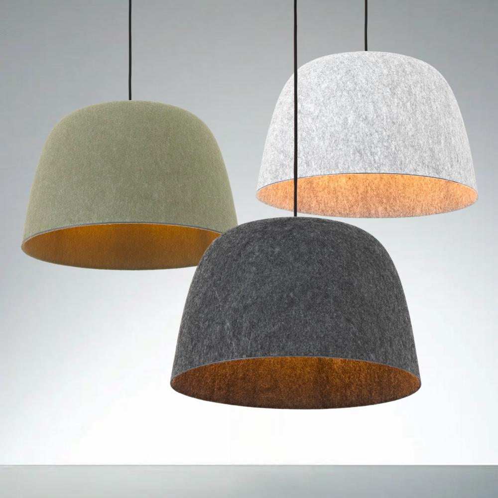 Acoustic pendant lighting family featuring multiple acoustic panel configurations.