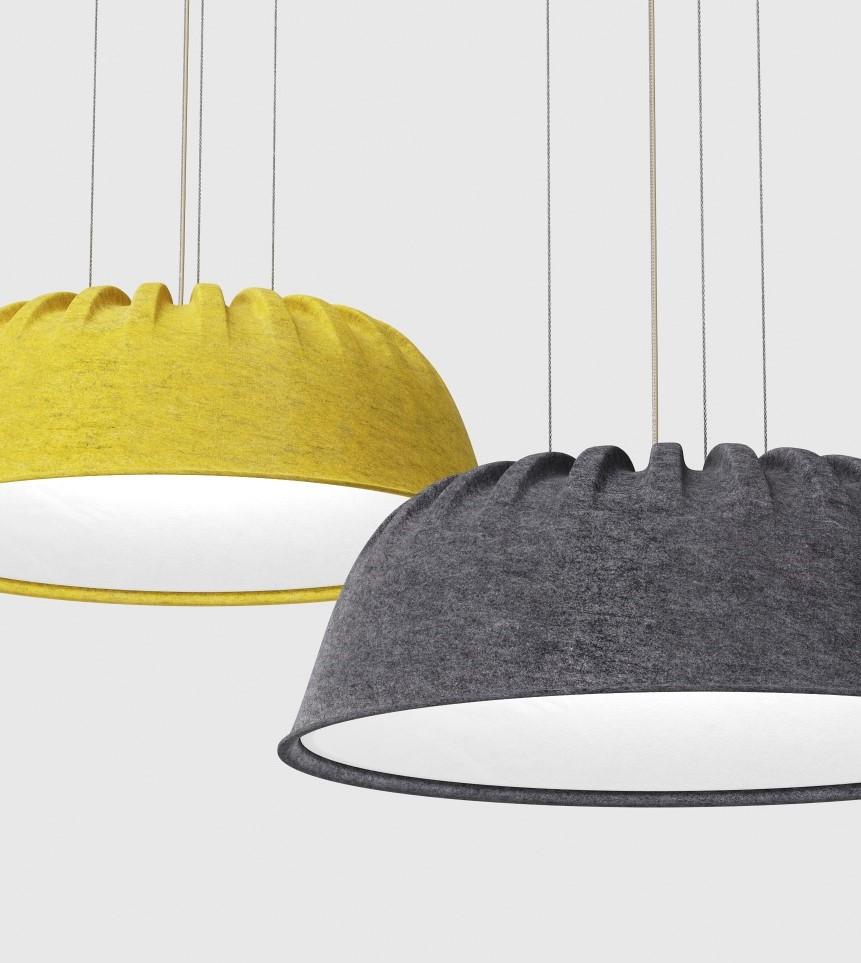 Acoustic pendant lighting family featuring multiple acoustic panel configurations.