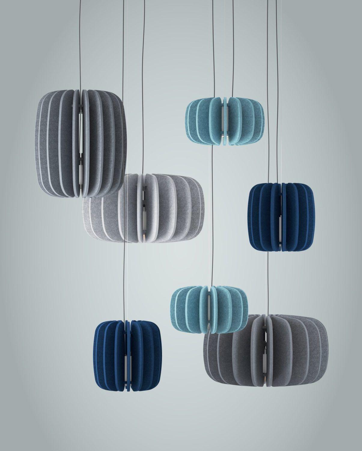 Acoustic pendant lighting family featuring multiple acoustic panel configurations.