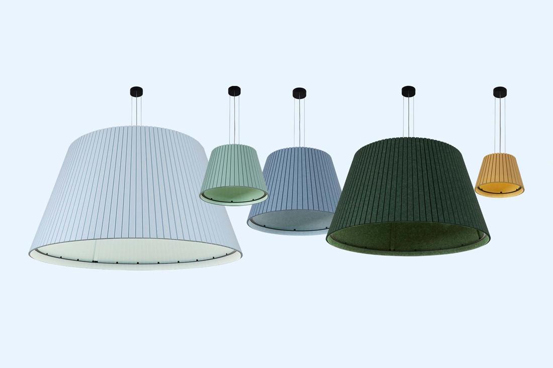 Acoustic pendant lighting family featuring multiple acoustic panel configurations.