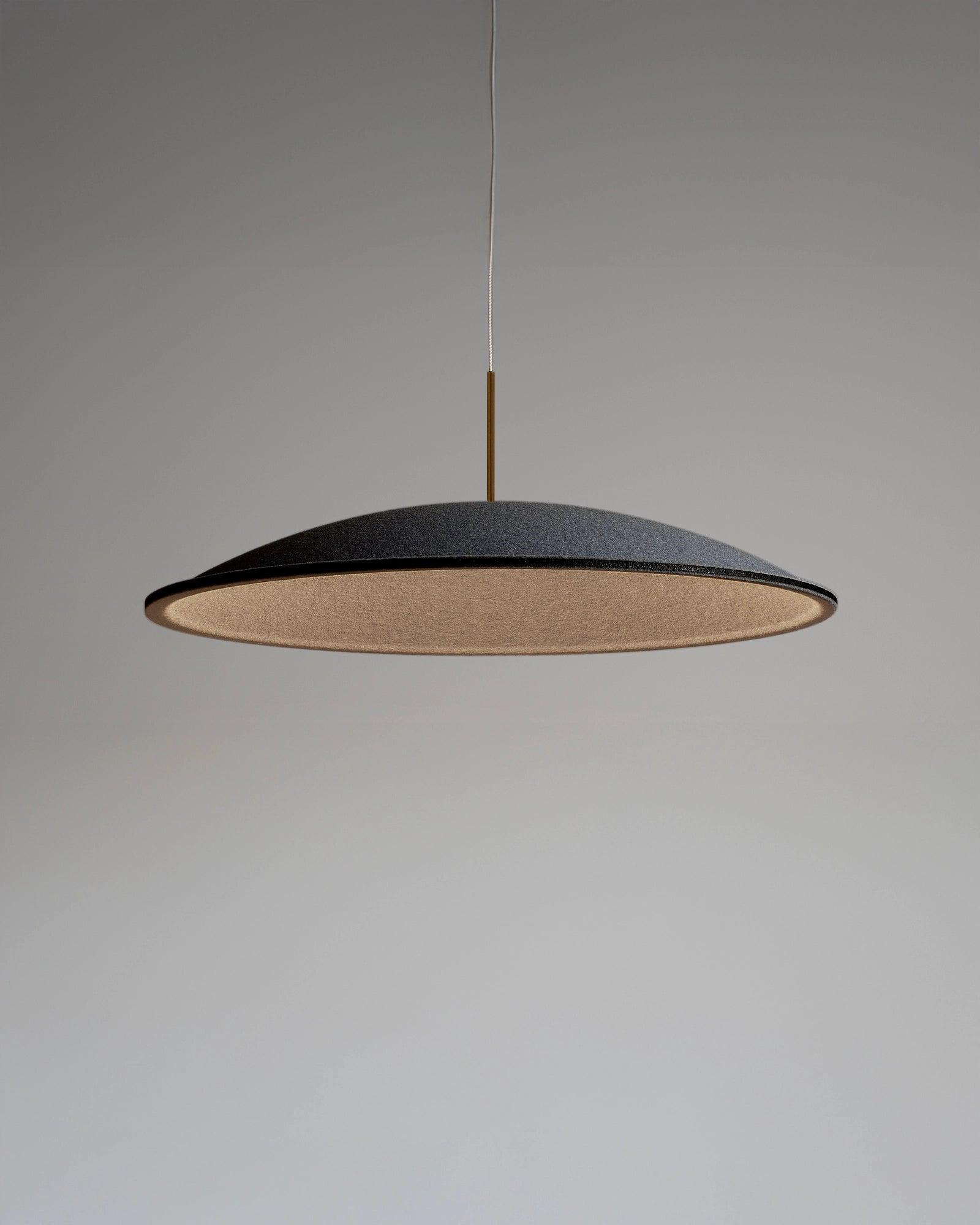Front view of an acoustic pendant light for contemporary architectural interiors.