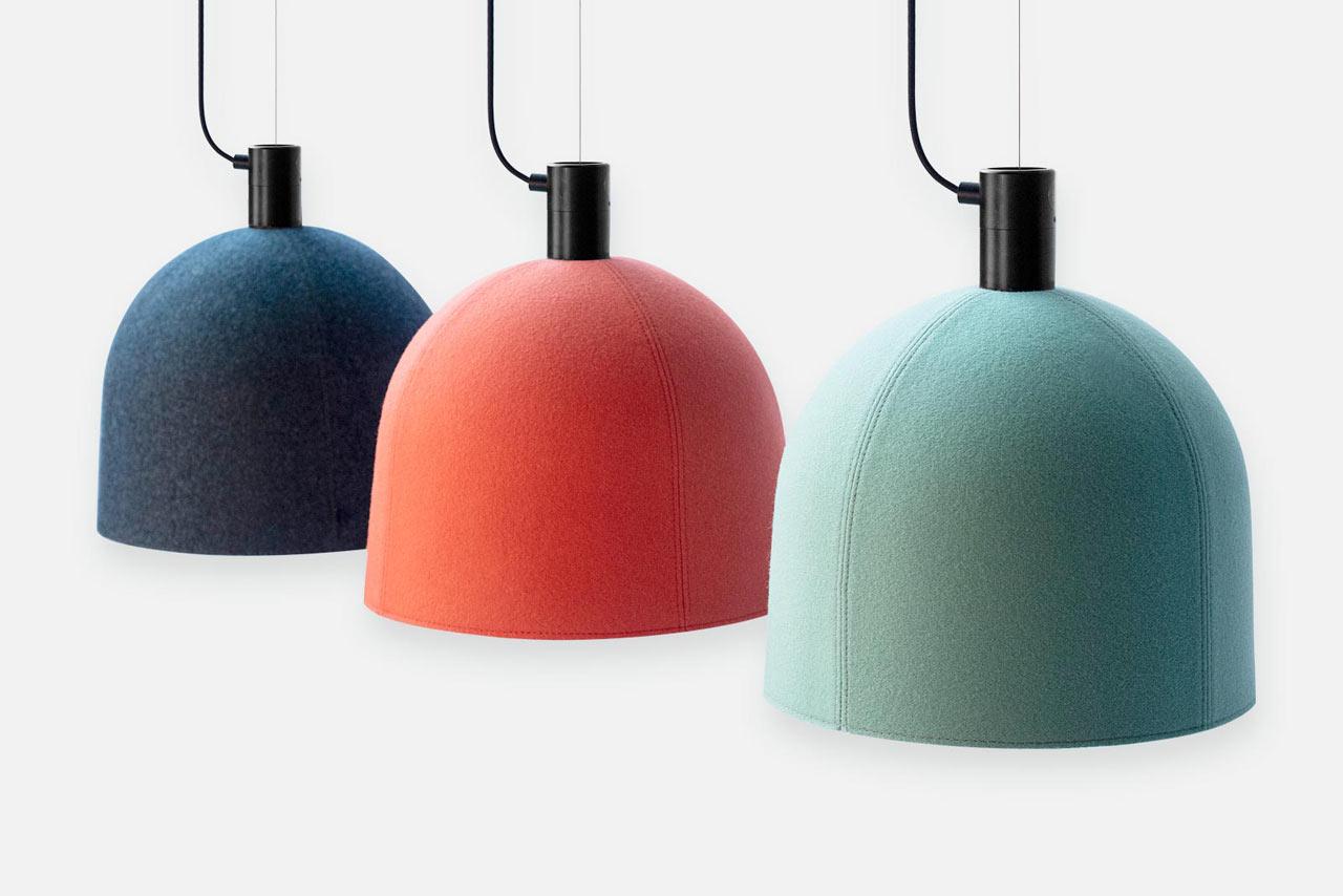 Acoustic pendant lighting family featuring multiple acoustic panel configurations.