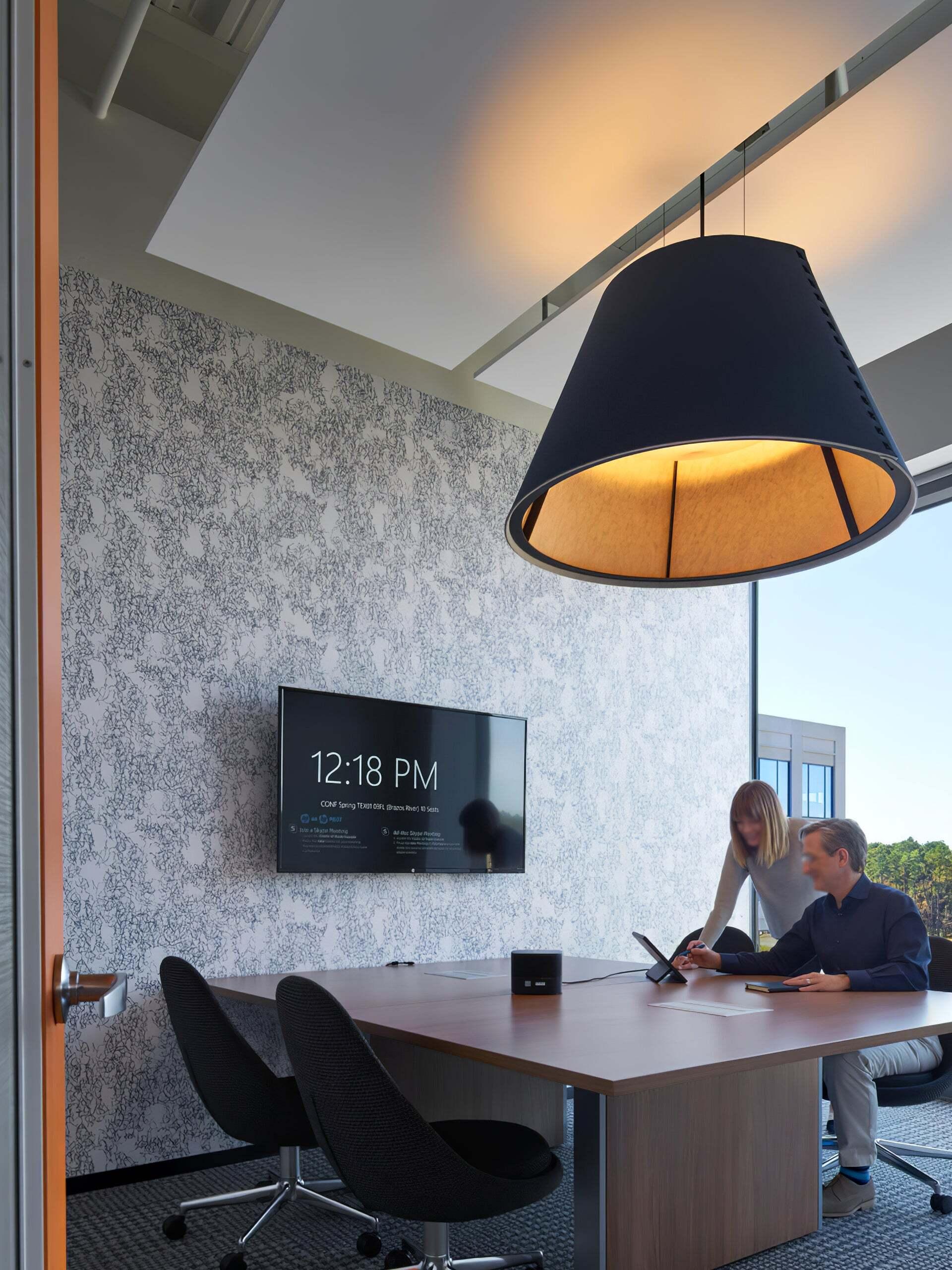 Acoustic pendant lighting installed in a modern office workspace.