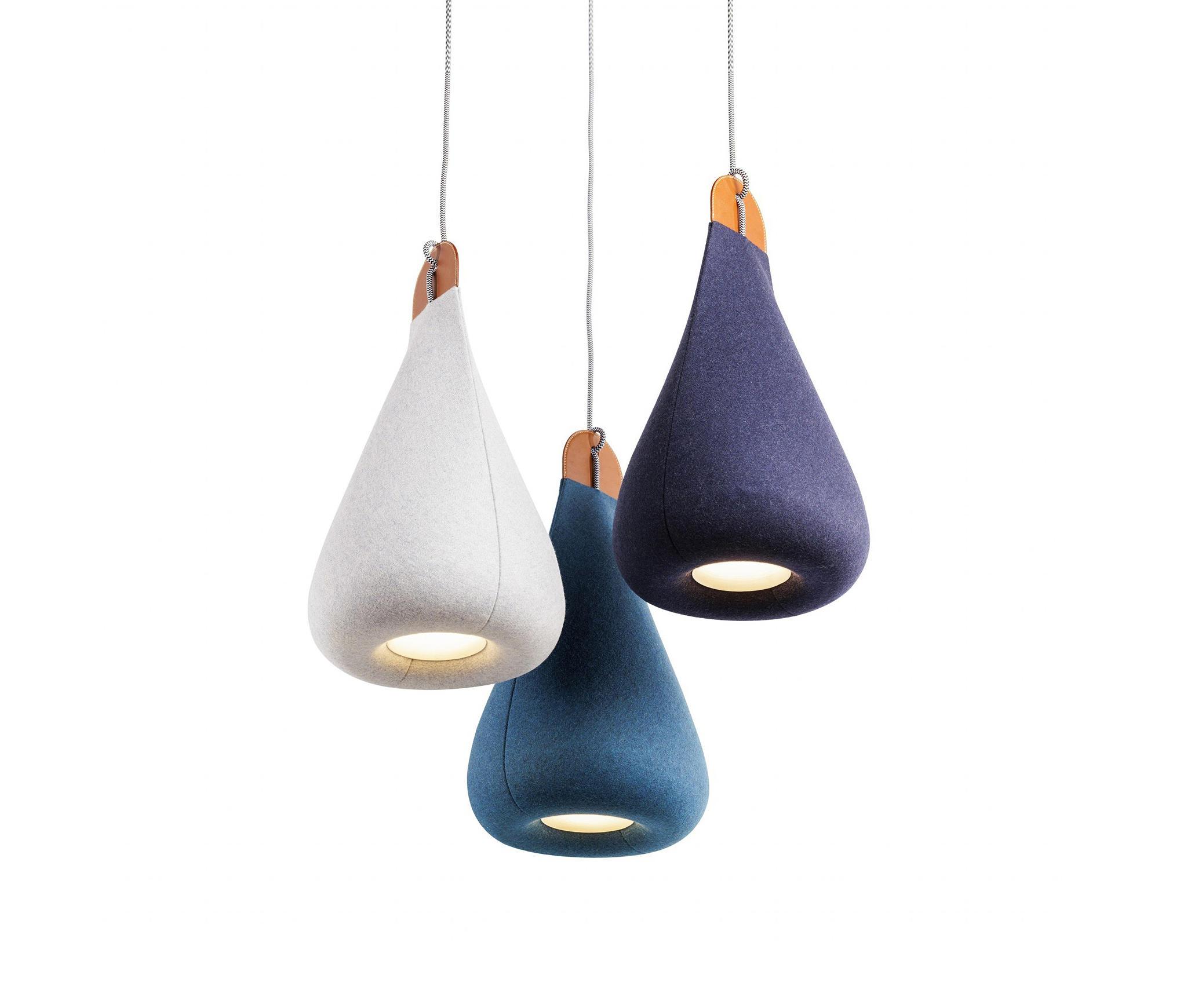 Acoustic pendant lighting family featuring multiple acoustic panel configurations.