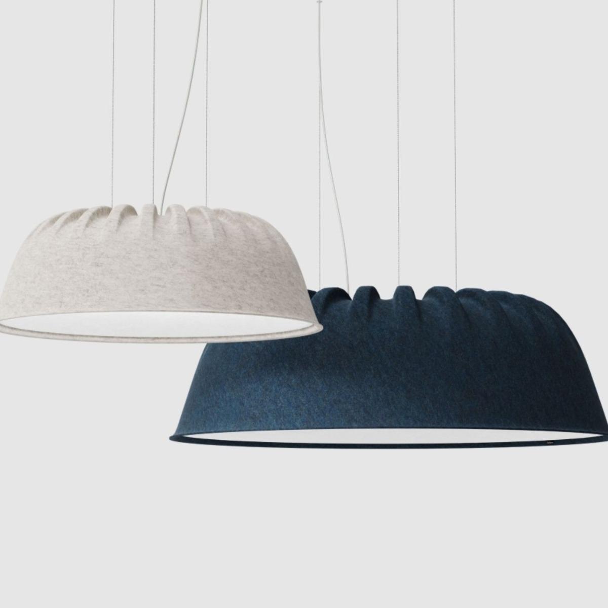 Acoustic pendant lighting family featuring multiple acoustic panel configurations.