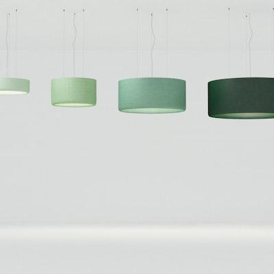 Acoustic pendant lighting family featuring multiple acoustic panel configurations.