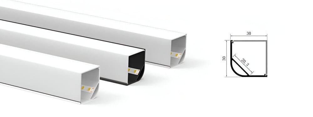 Corner LED profile family with different sizes, diffuser options and finishes.