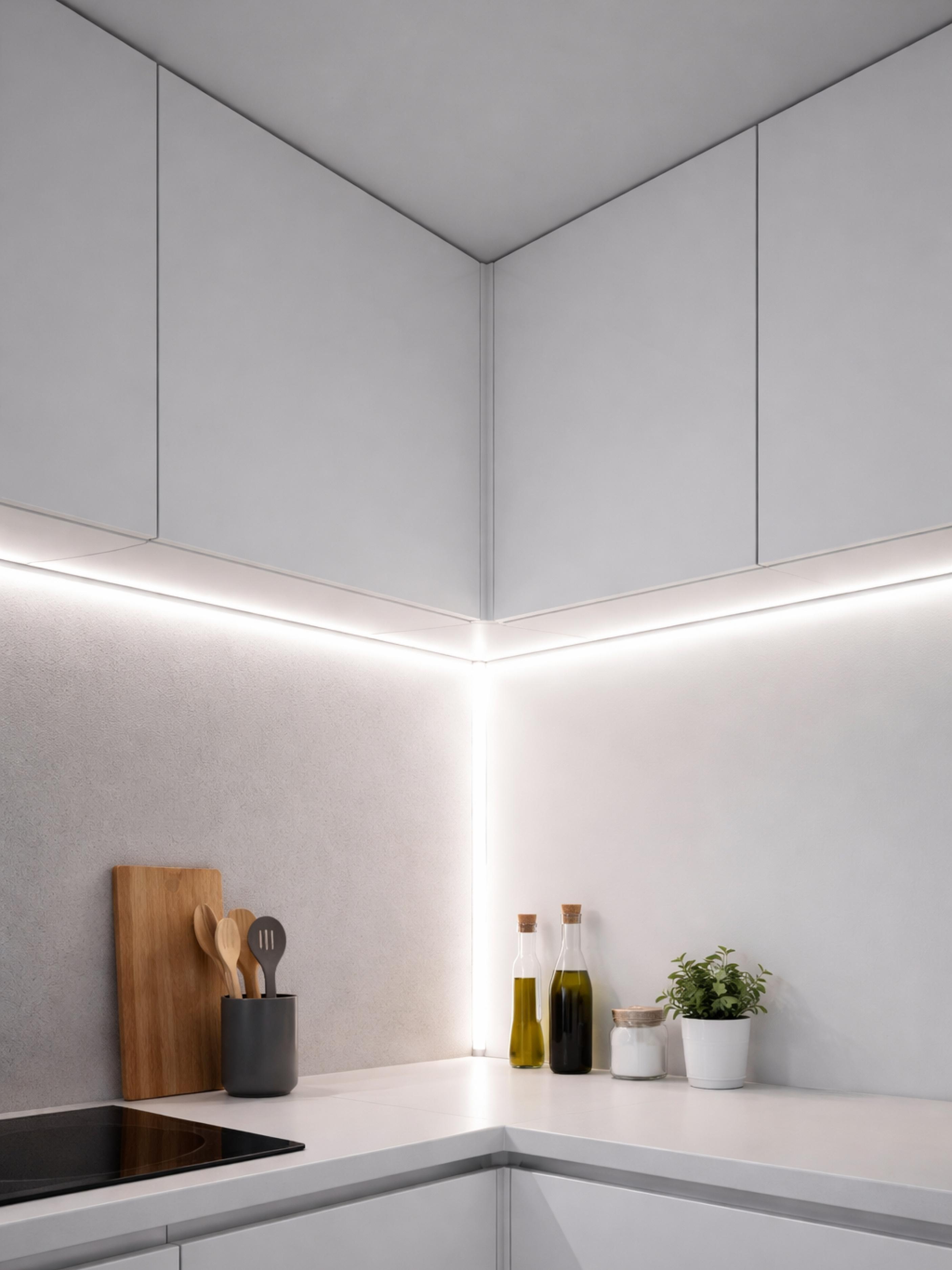 Corner LED profiles installed beneath kitchen cabinets in a contemporary residential interior.