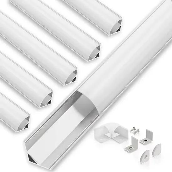 Corner LED profile family with different sizes, diffuser options and finishes.