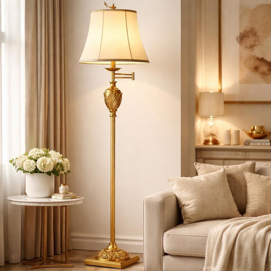 Classic floor lamp positioned beside a seating area in a luxury hotel lounge, creating warm ambient lighting and timeless sophistication.