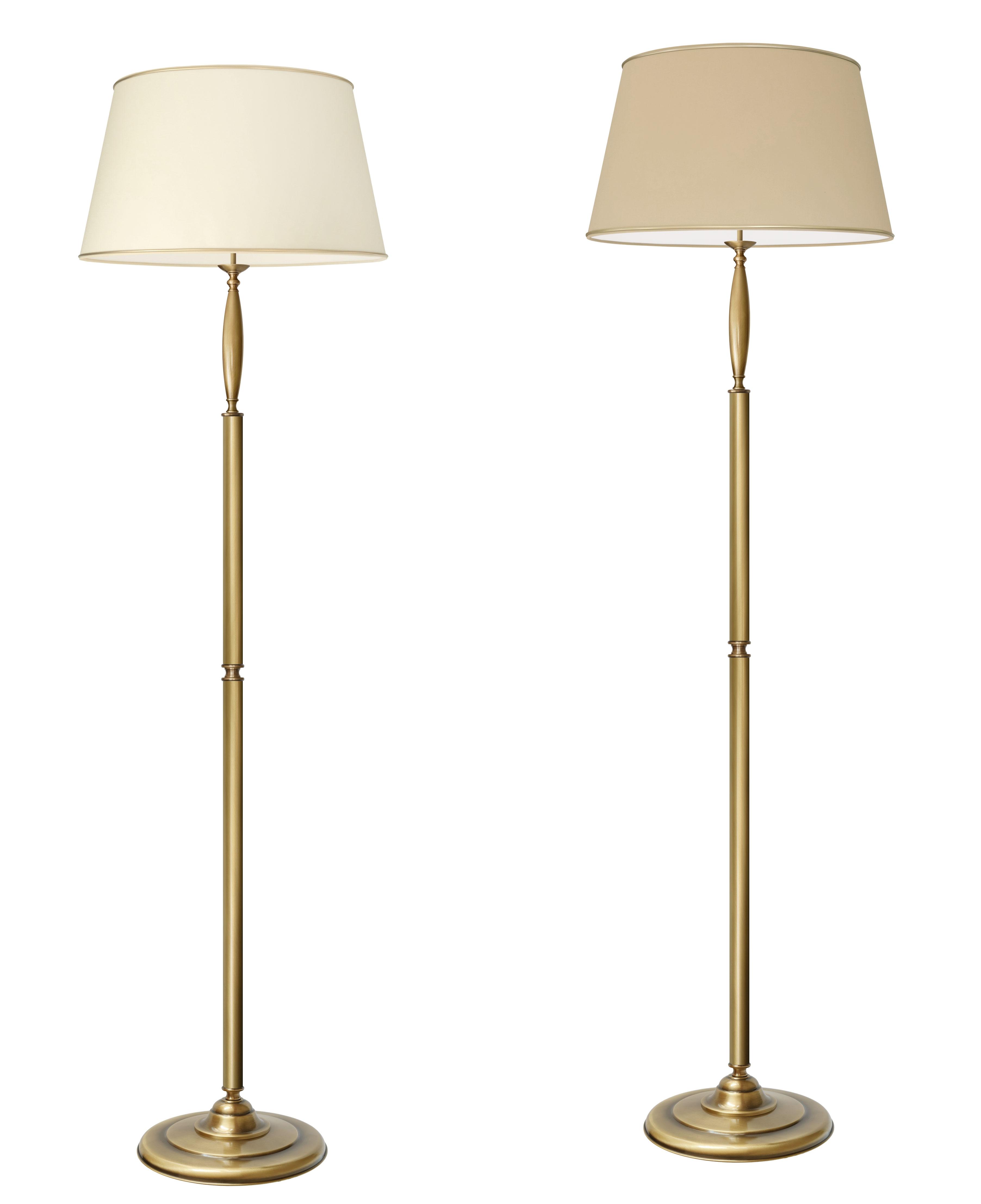 Collection of classic floor lamps featuring brass, ceramic and fabric shade combinations for elegant residential and hospitality interiors.