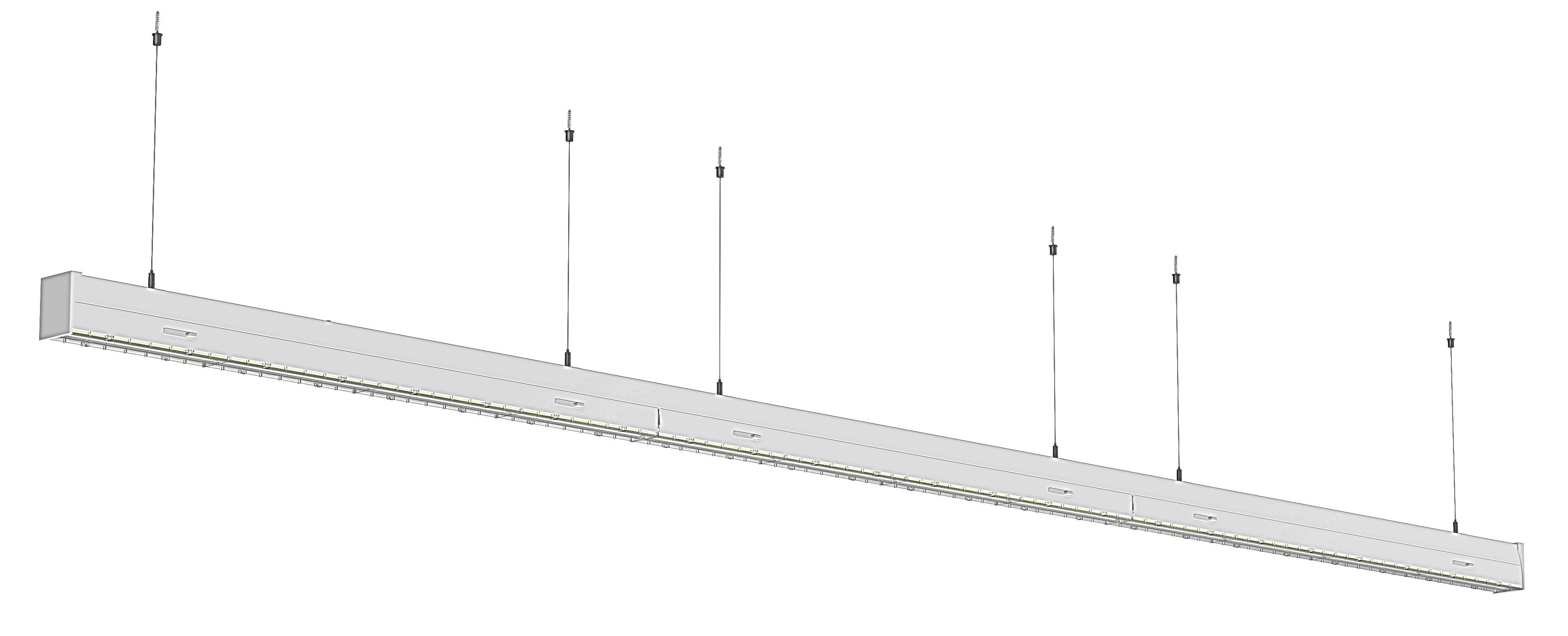 Front view of a suspended retail linear lighting system.