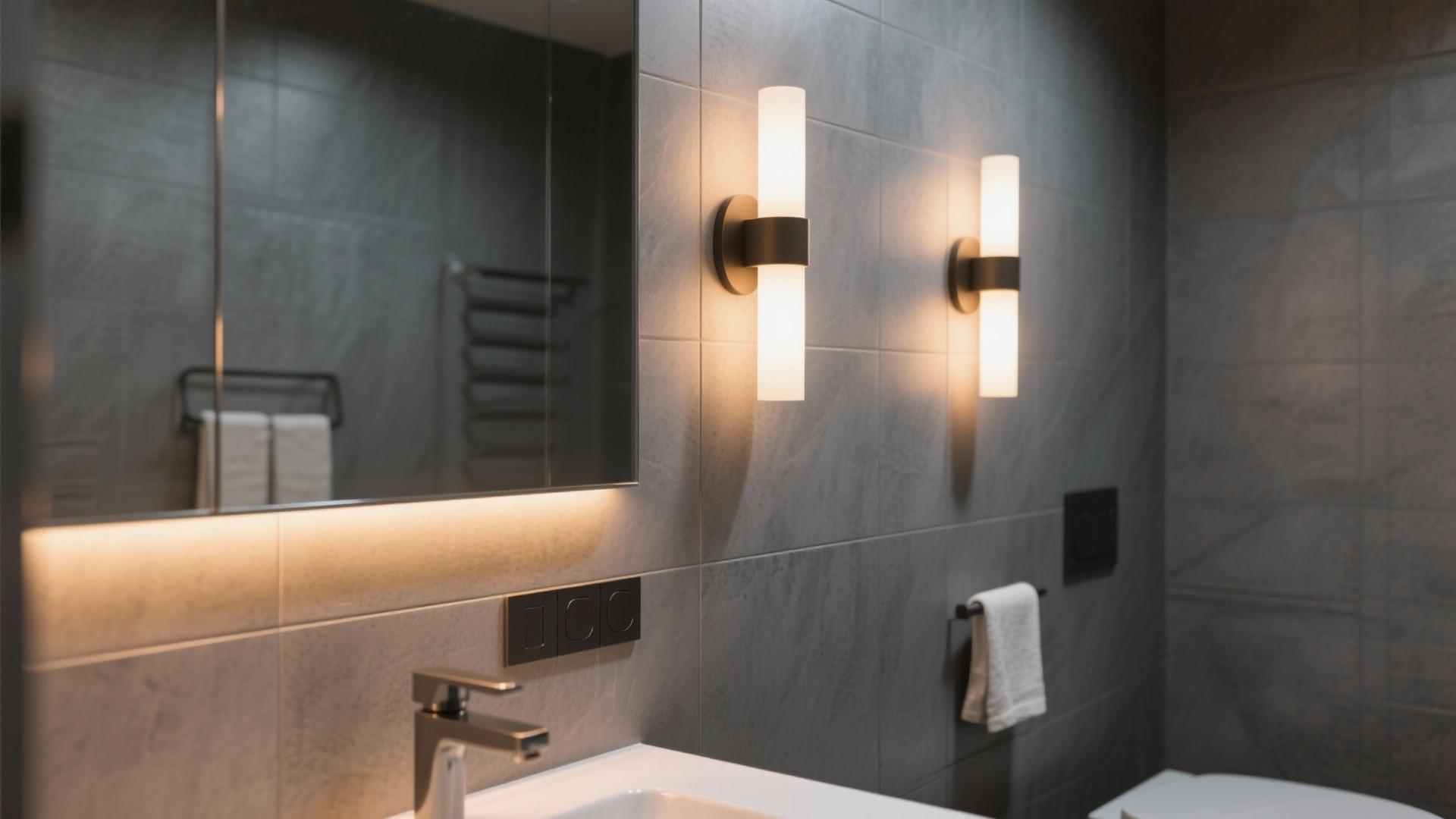 Bathroom wall lamp installed in a luxury hotel bathroom creating soft, balanced architectural lighting.