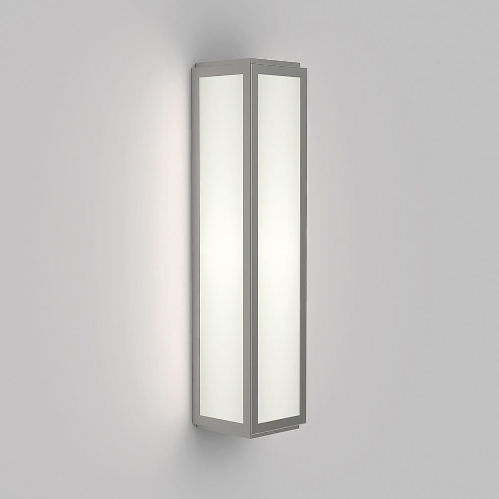 Front view of a decorative bathroom wall lamp with diffused architectural illumination.