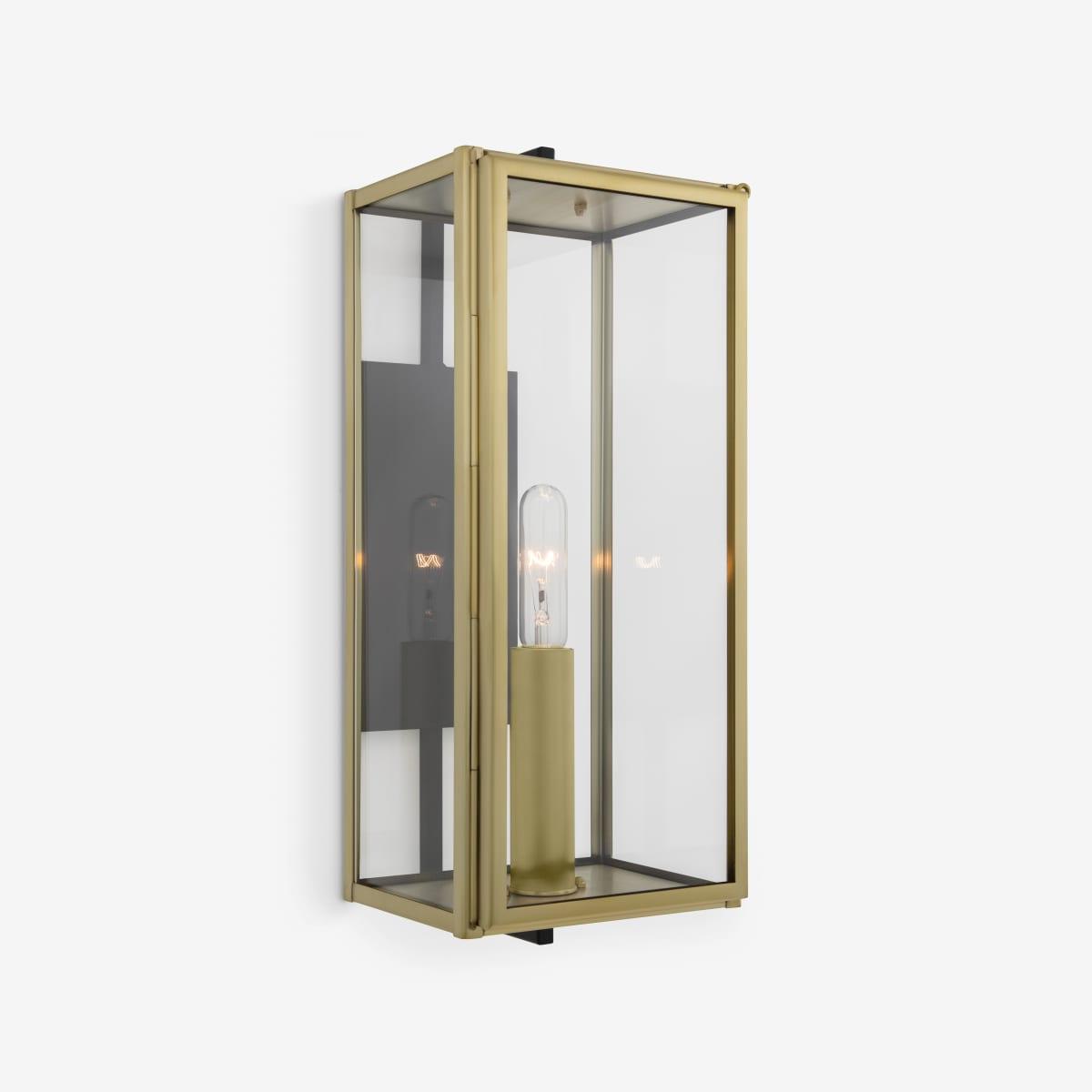 Front view of a lantern-style wall lamp with elegant glass and metal detailing.