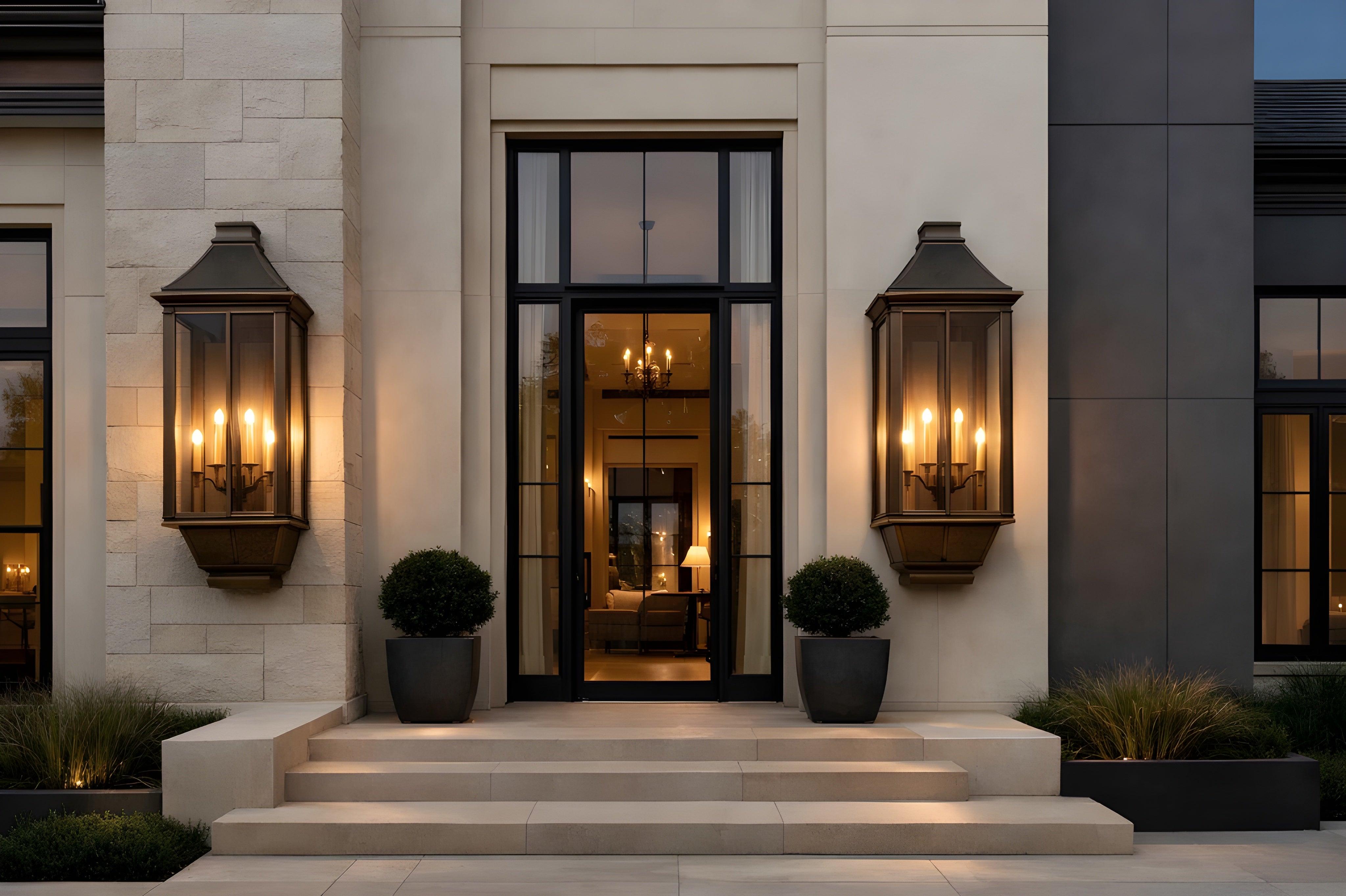 Lantern wall lamp installed beside the entrance of a luxury residence with timeless architectural styling.