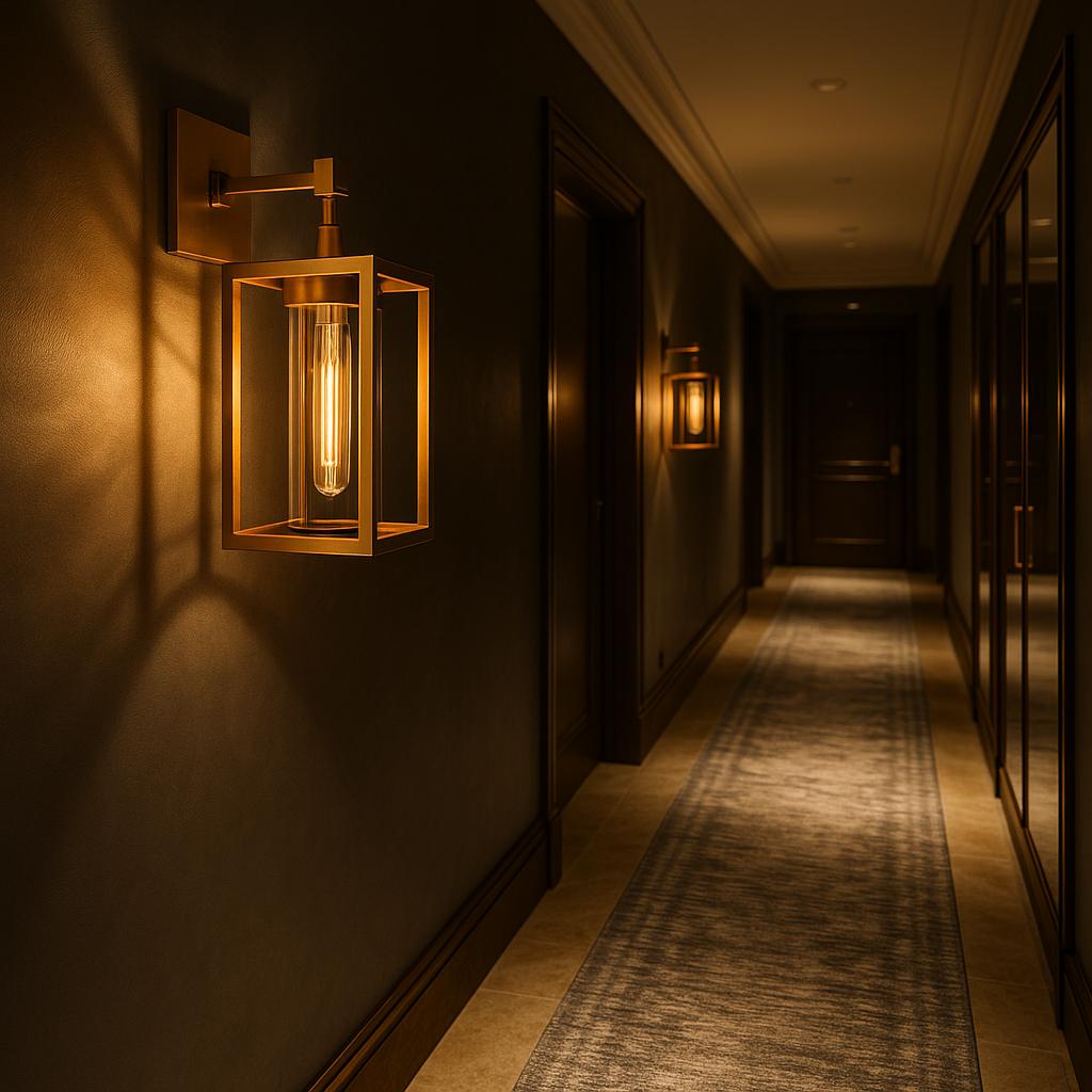Lantern wall lamp installed beside the entrance of a luxury residence with timeless architectural styling.