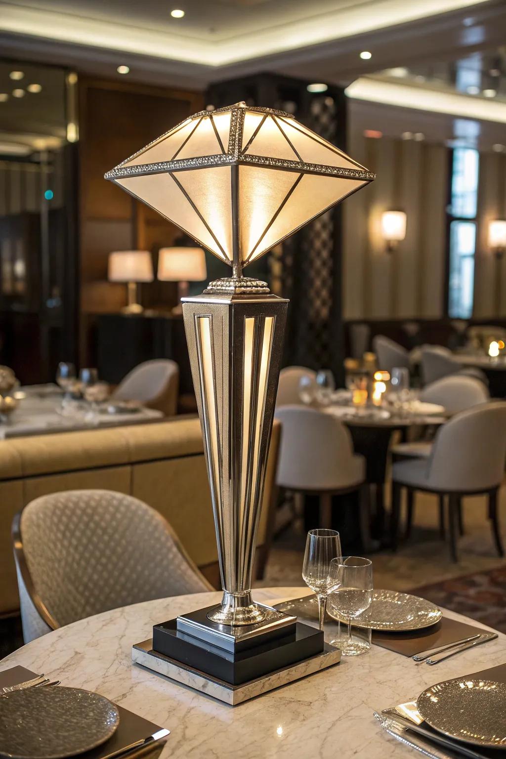Art Deco table lamp placed in a boutique hotel lounge creating a glamorous atmosphere with warm ambient lighting.