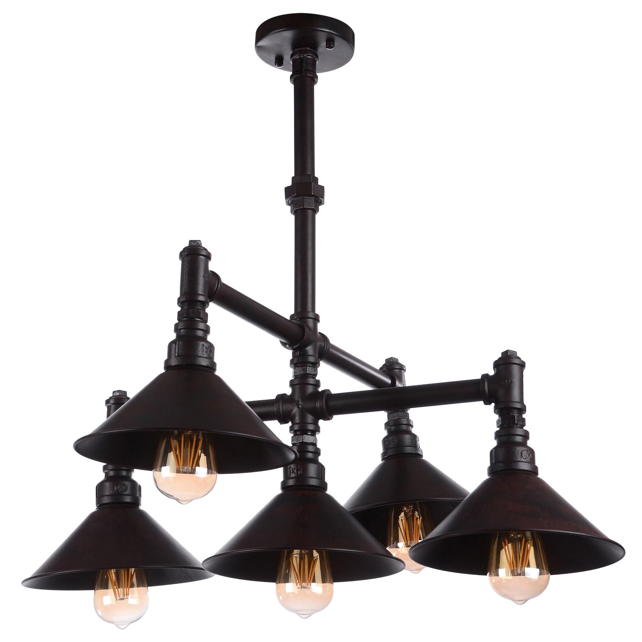 Industrial chandelier with black metal construction photographed on a clean white studio background.