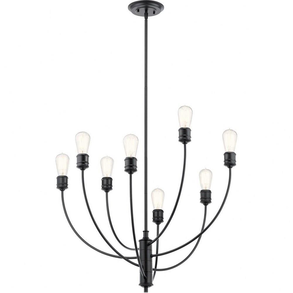 Industrial chandelier with black metal construction photographed on a clean white studio background.