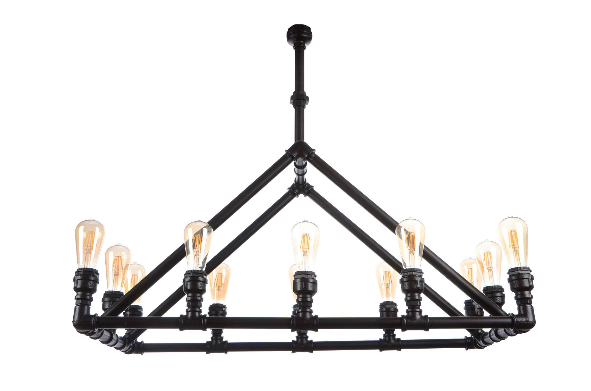 Industrial chandelier with black metal construction photographed on a clean white studio background.