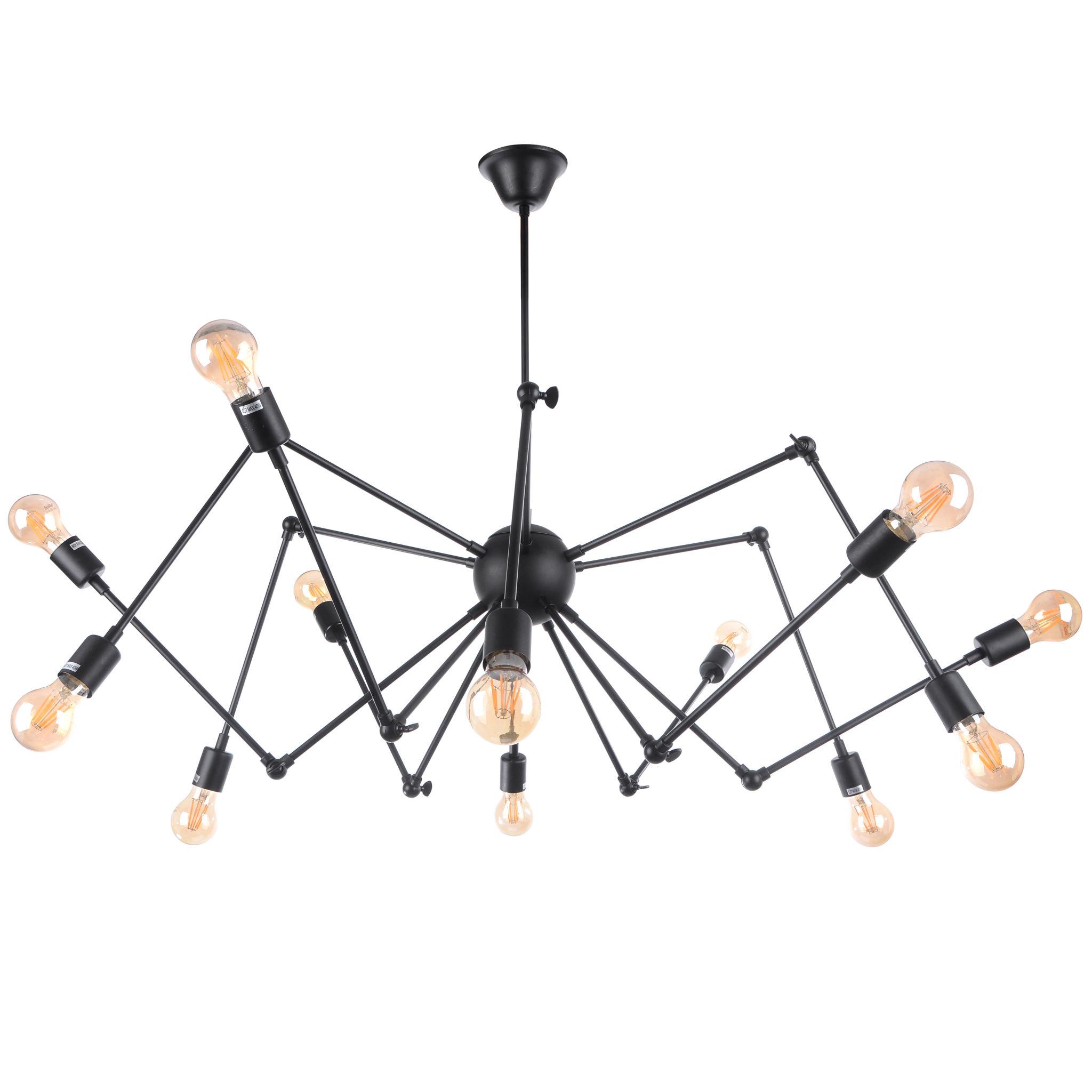 Industrial chandelier with black metal construction photographed on a clean white studio background.