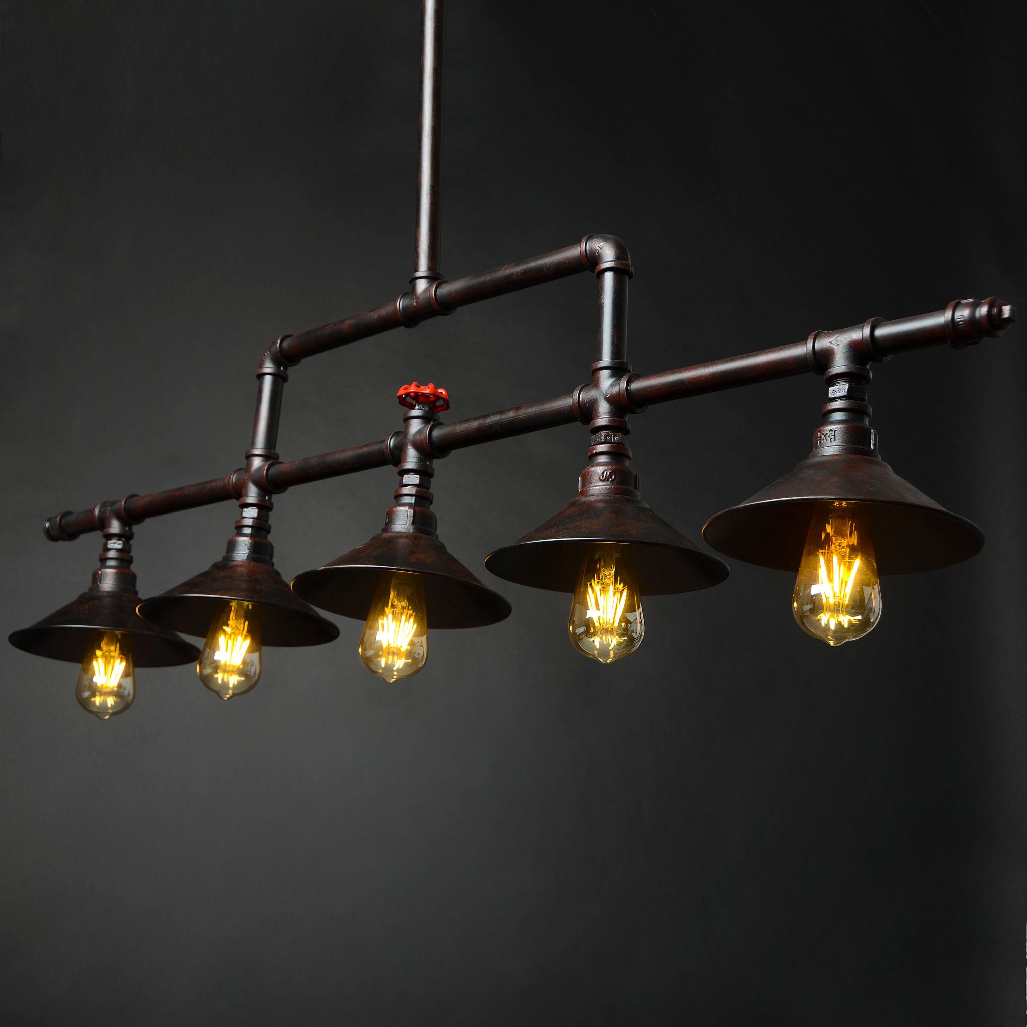Front view of an industrial-style chandelier featuring exposed metal detailing.