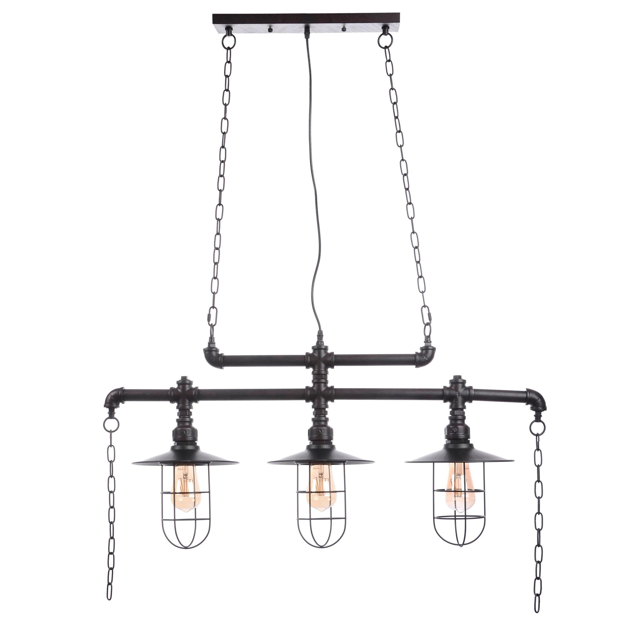 Industrial chandelier with black metal construction photographed on a clean white studio background.