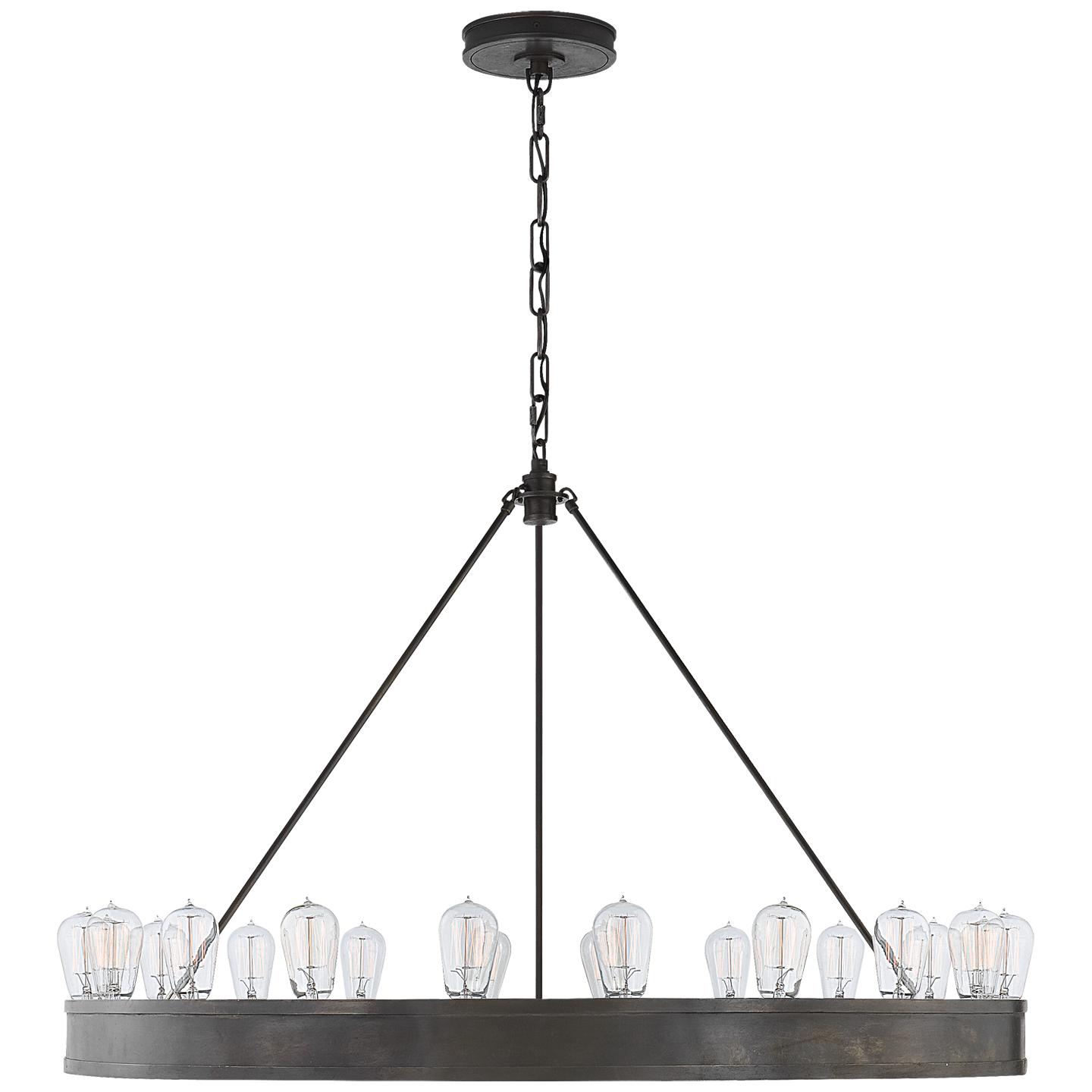 Industrial chandelier with black metal construction photographed on a clean white studio background.