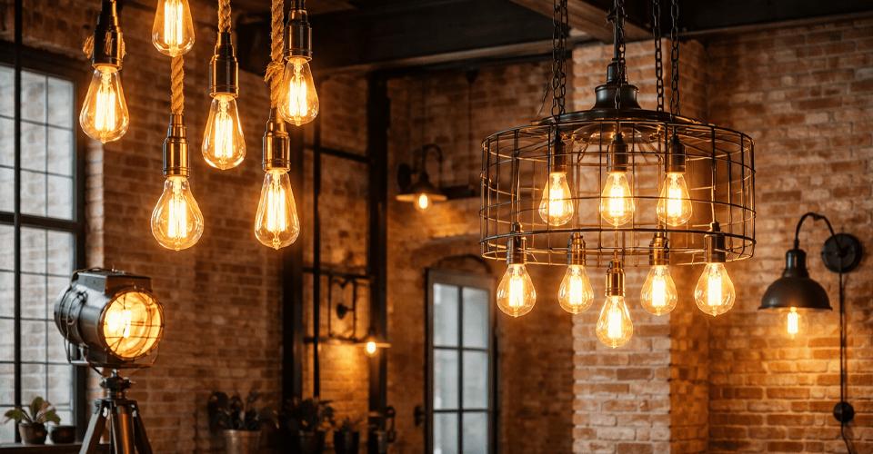 Industrial chandelier installed in a contemporary restaurant with industrial architectural styling.