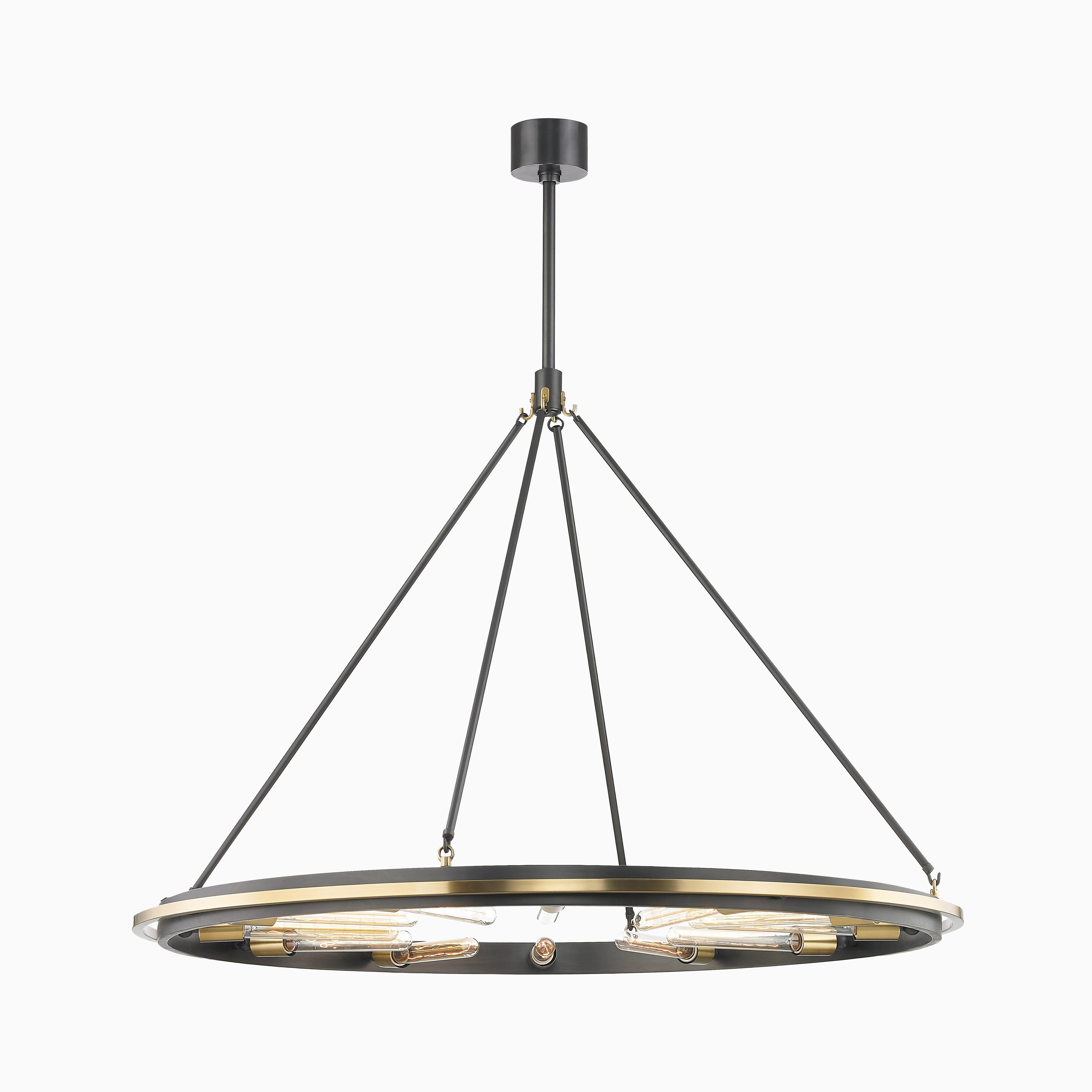 Industrial chandelier with black metal construction photographed on a clean white studio background.