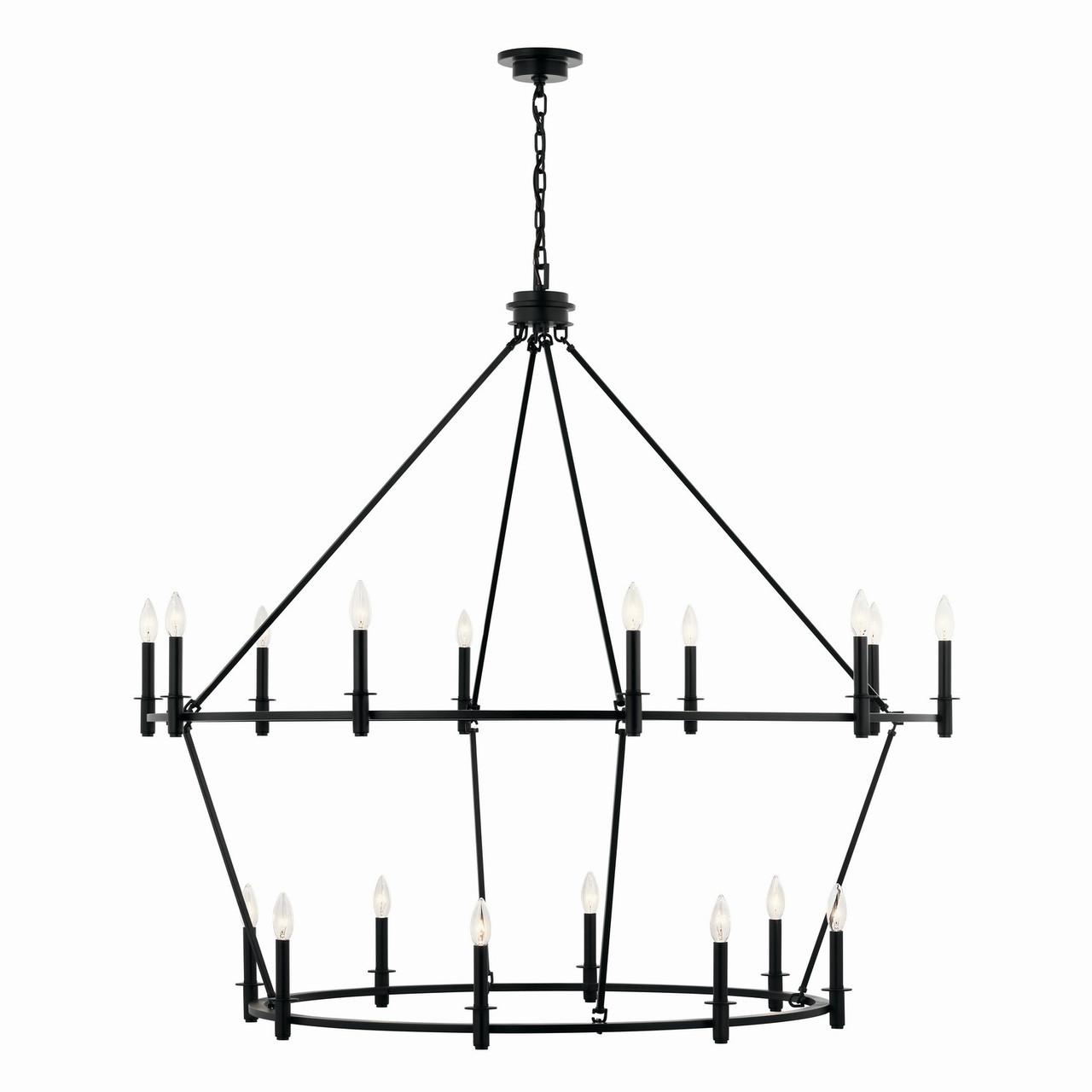 Industrial chandelier with black metal construction photographed on a clean white studio background.