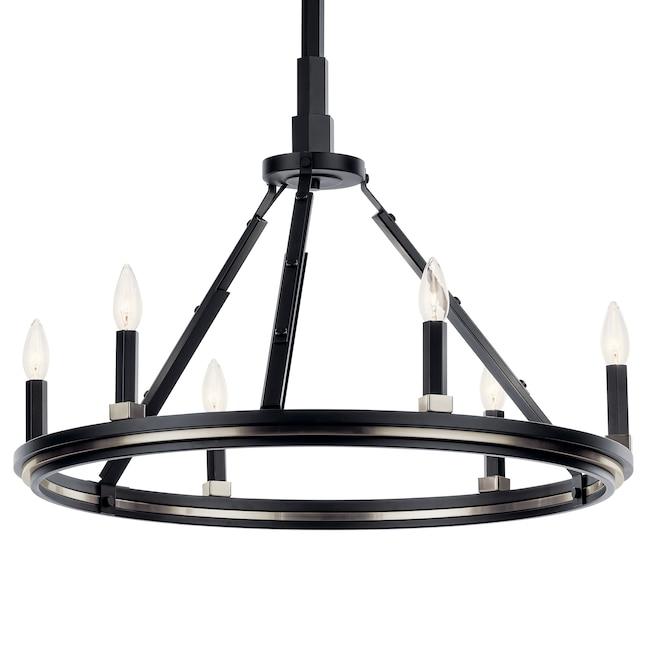 Industrial chandelier with black metal construction photographed on a clean white studio background.