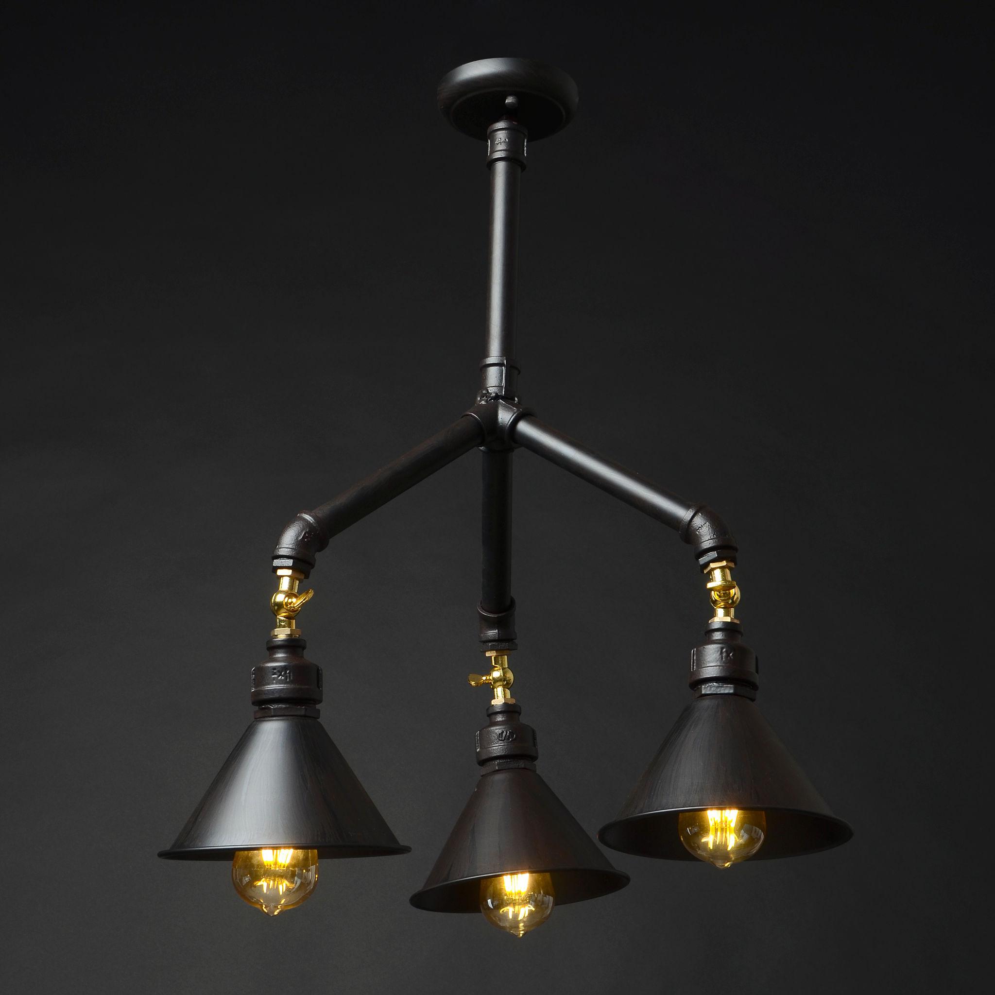 Front view of an industrial-style chandelier featuring exposed metal detailing.