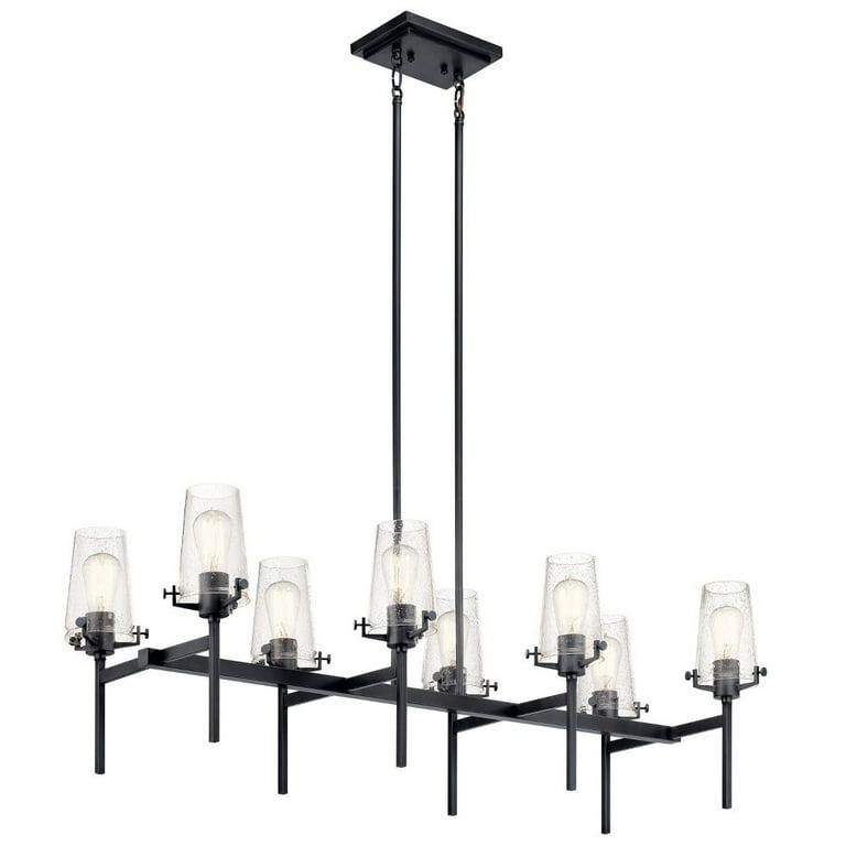 Industrial chandelier with black metal construction photographed on a clean white studio background.