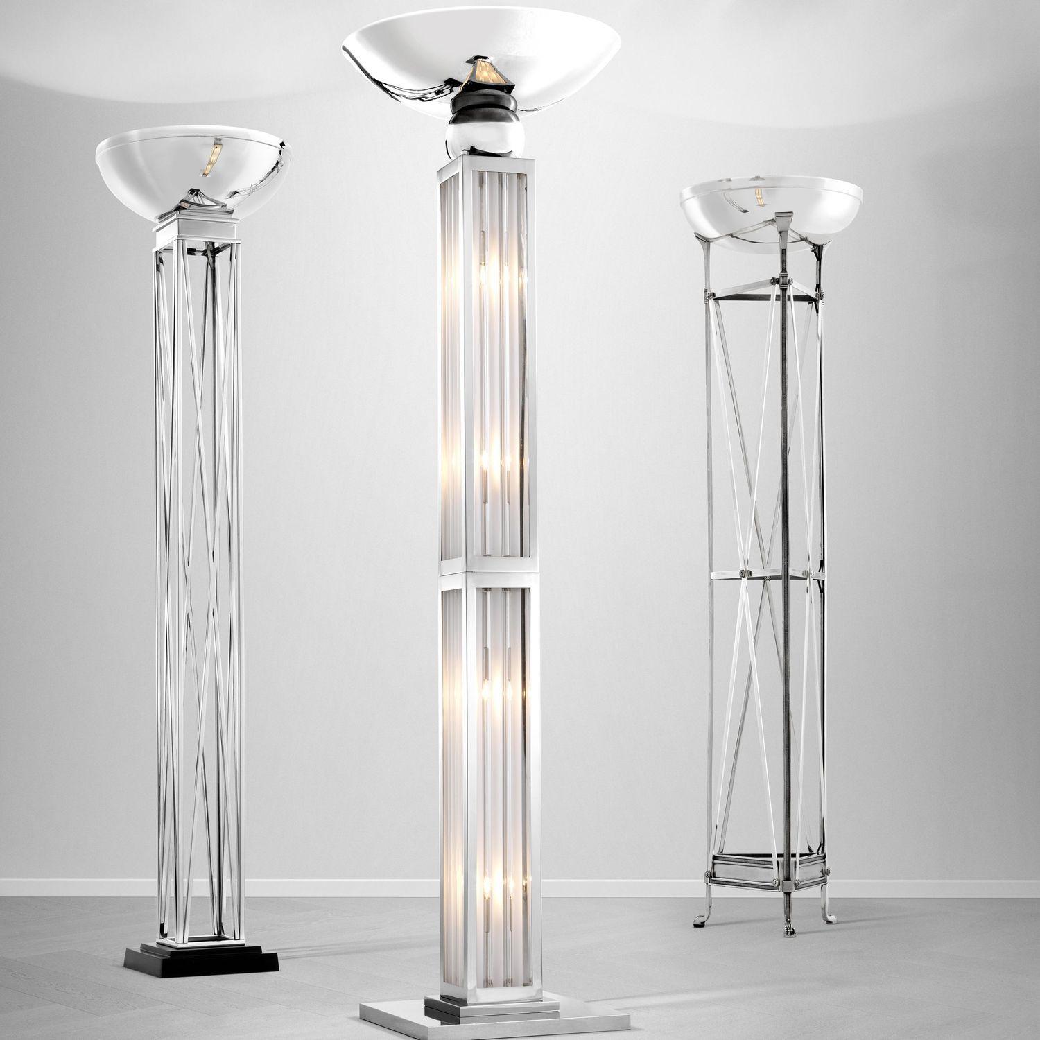 Collection of Art Deco floor lamps featuring brass, marble and glass elements inspired by 1920s luxury design.