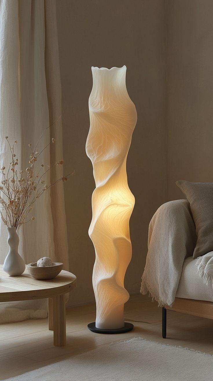 Organic floor lamp positioned beside a lounge chair in a contemporary residential living room creating warm ambient lighting and a calm natural atmosphere.