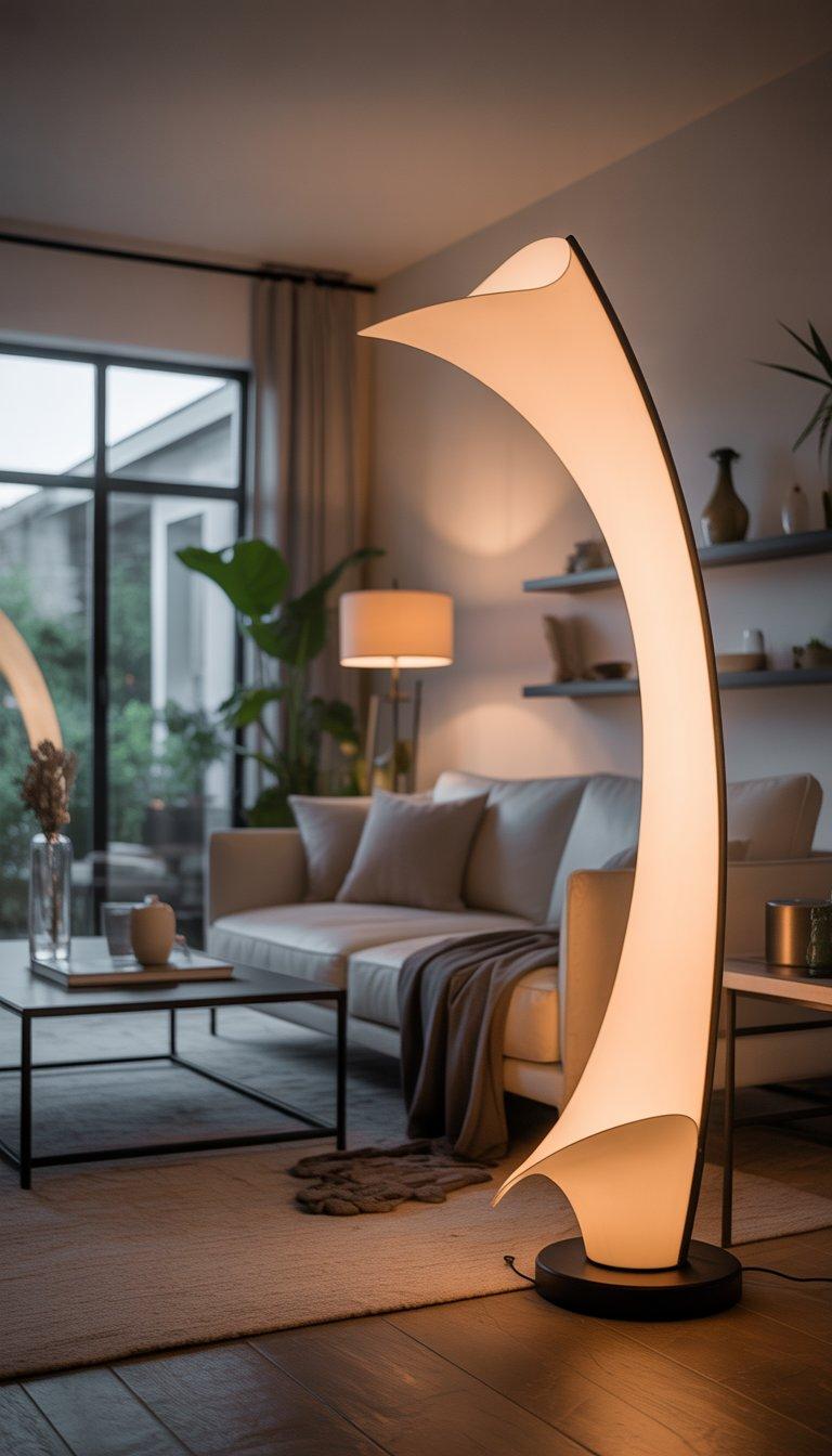 Organic floor lamp positioned beside a lounge chair in a contemporary residential living room creating warm ambient lighting and a calm natural atmosphere.