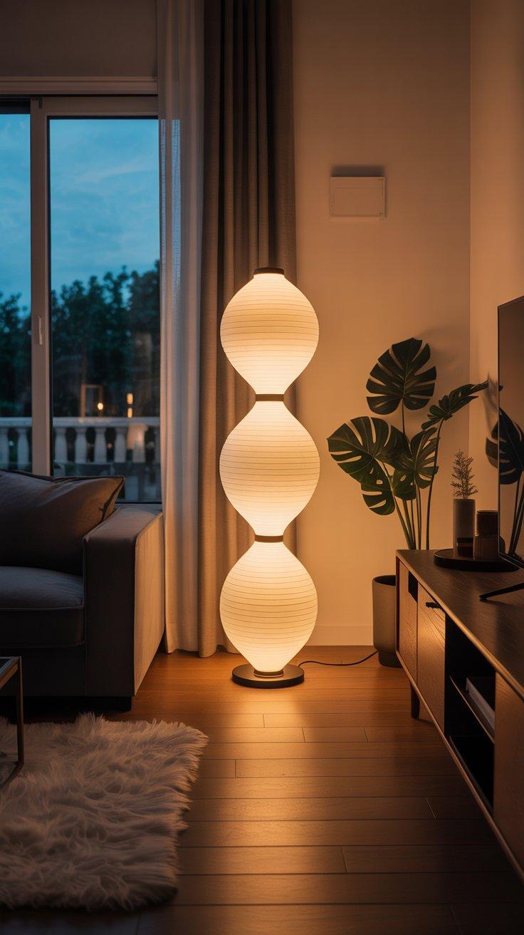 Organic floor lamp positioned beside a lounge chair in a contemporary residential living room creating warm ambient lighting and a calm natural atmosphere.